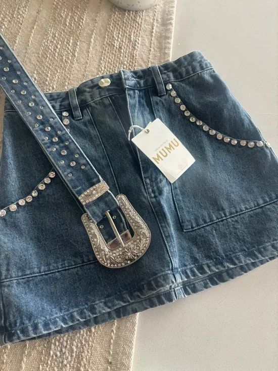 Show Me Your Mumu Blue Denim Mini Skirt with Studded Belt - Picture 5 of 10